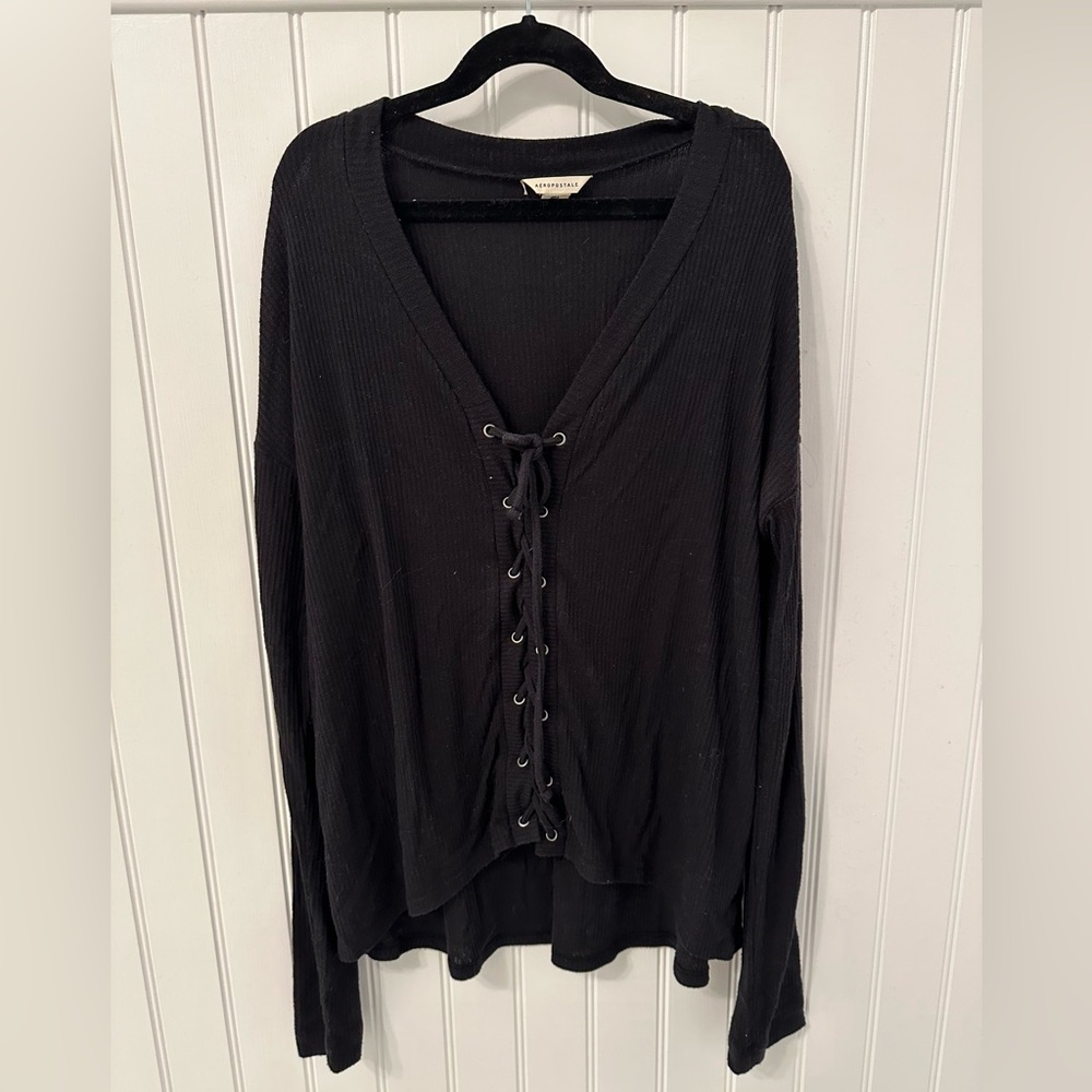 Black Aeropostale sweater with lace-up detail, size S